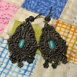 Intricate Vintage Silver and Turquoise Earrings